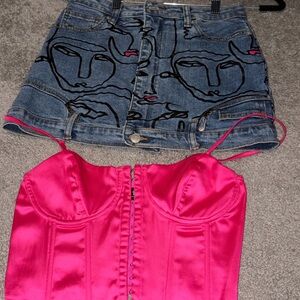 AKIRA Pink Satin Bustier and Denim Skirt Set